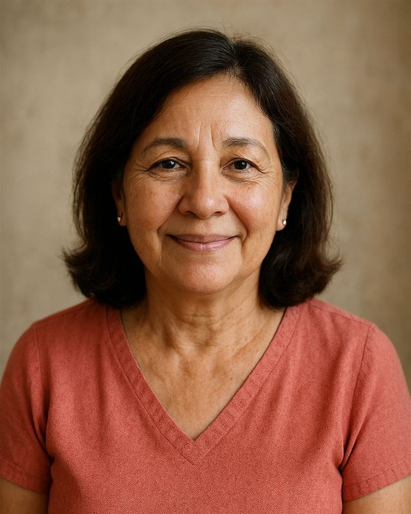 Señora mayor sonriendo con blusa color terracota